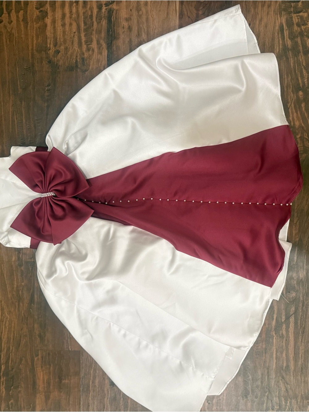 Azazie White Satin Girls' Dress with Burgundy Sash and Bow